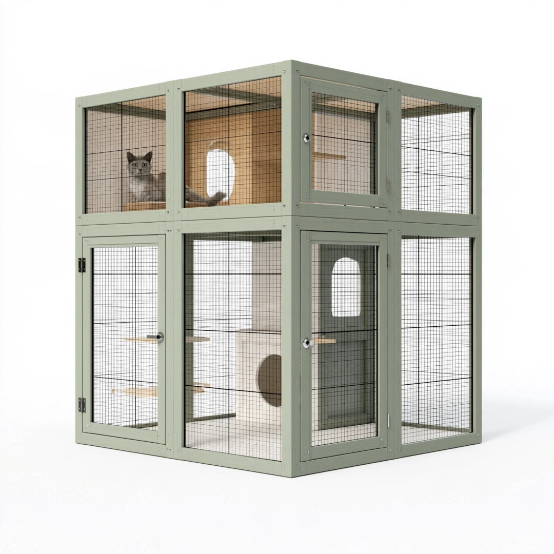 Recinto per gatti 120 x 60 x 120 cm in legno e rete metallica verde salvia con ripiani