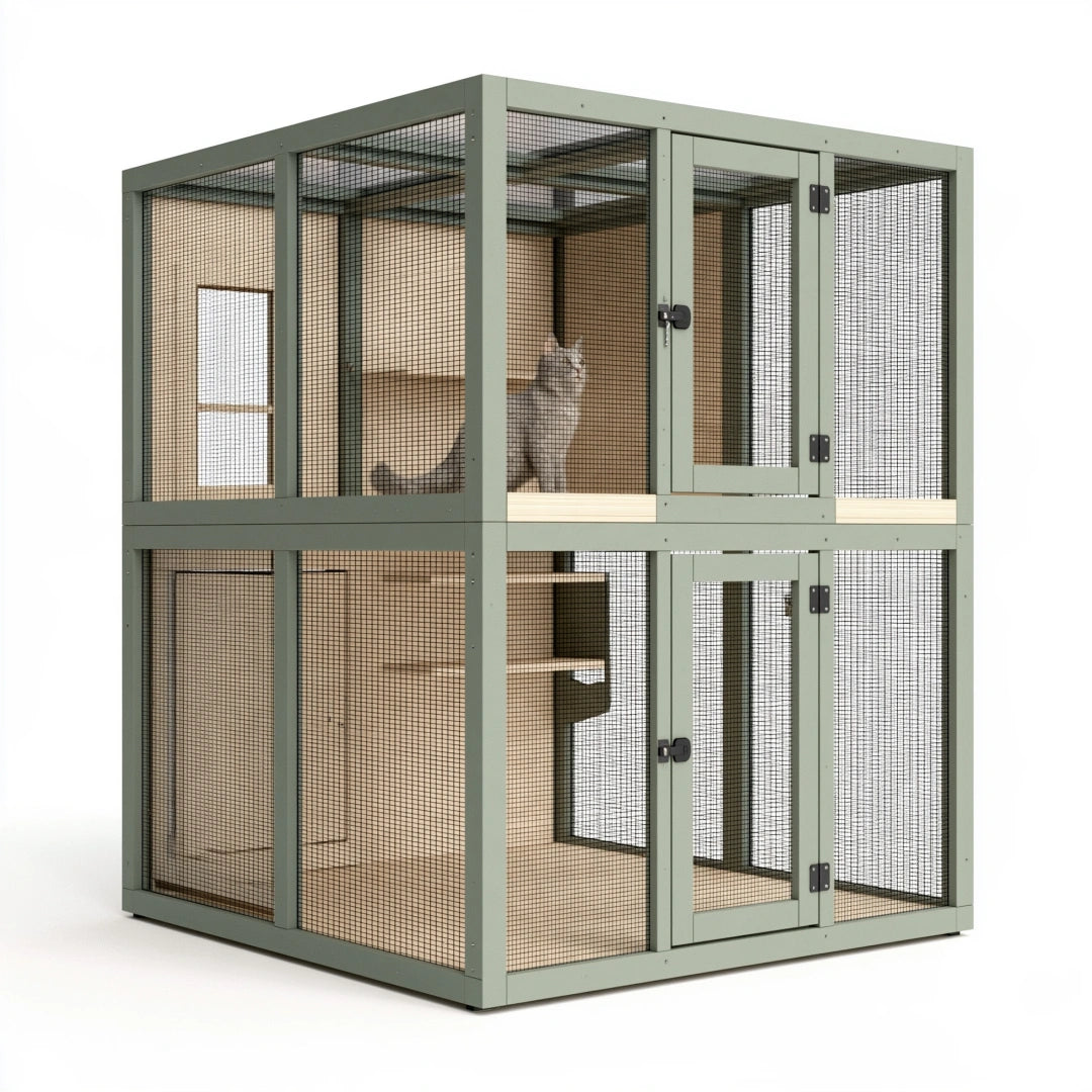 Gabbia per gatti 120 x 60 x 180 cm in legno e rete metallica verde salvia a due livelli