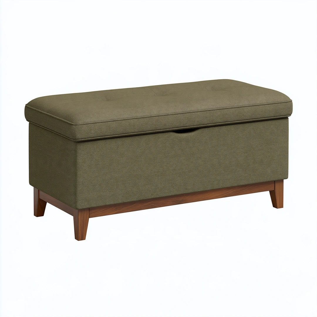 Panca contenitore 100 x 45 x 45 cm in tessuto verde oliva con gambe in legno - stile moderno