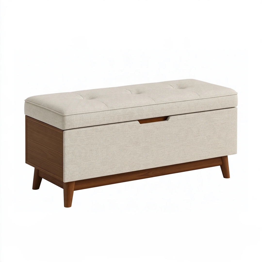 Panca contenitore 110 cm in tessuto beige e legno marrone con seduta imbottita