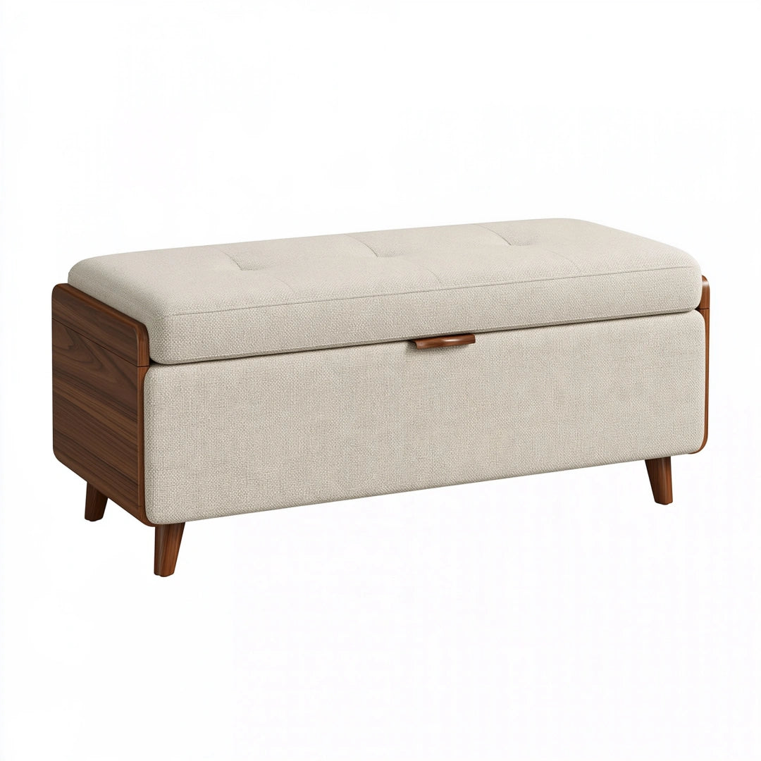 Panca contenitore 120 cm in tessuto beige e legno marrone - stile moderno