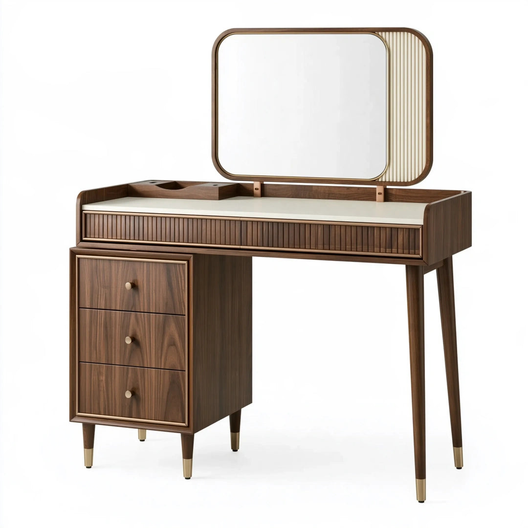 Toeletta 100 x 45 x 140 cm in legno marrone con specchio e cassetti stile moderno