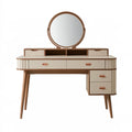 Toeletta 140 x 50 x 145 cm in legno beige e marrone con specchio rotondo e cassetti stile moderno