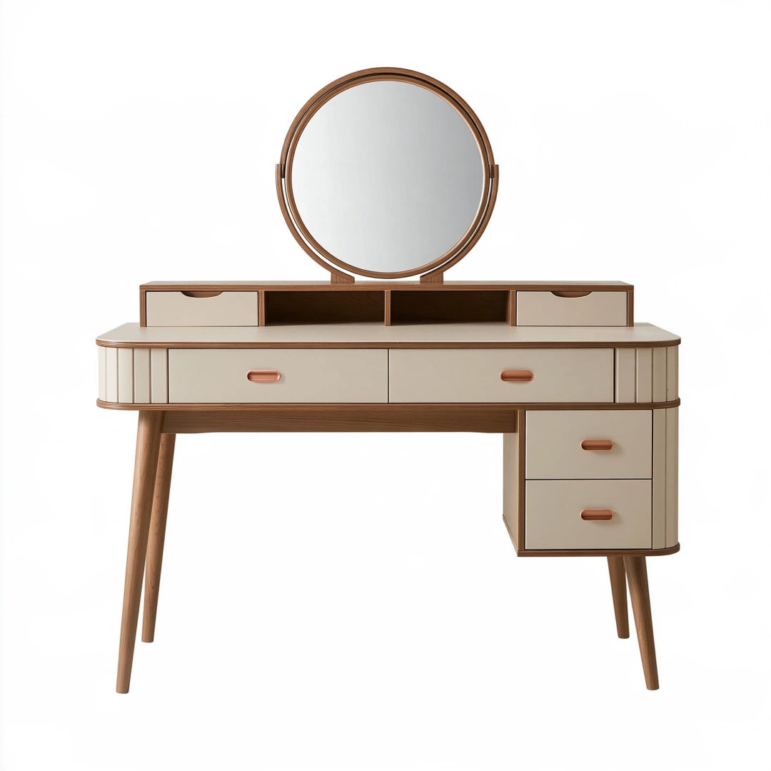 Toeletta 140 x 50 x 145 cm in legno beige e marrone con specchio rotondo e cassetti stile moderno