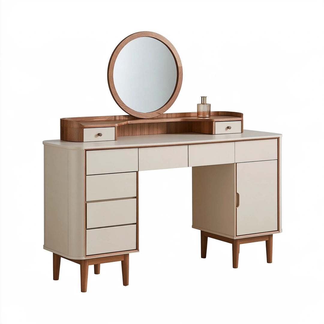 Toeletta 140 x 45 x 150 cm in legno beige e marrone con specchio rotondo e cassetti stile moderno
