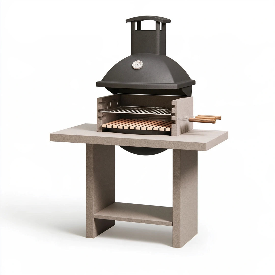 Barbecue da giardino 120 x 70 x 200 cm in cemento e acciaio nero con cappa