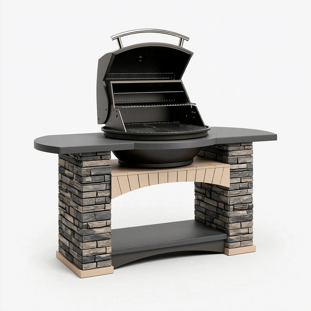 Barbecue da giardino 180 x 70 x 170 cm in acciaio nero con ripiani laterali e struttura effetto pietra