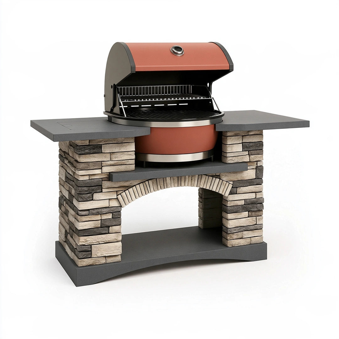 Barbecue da giardino 140 x 70 x 150 cm in acciaio e rivestimento effetto pietra rosso e grigio - con coperchio e ripiani laterali