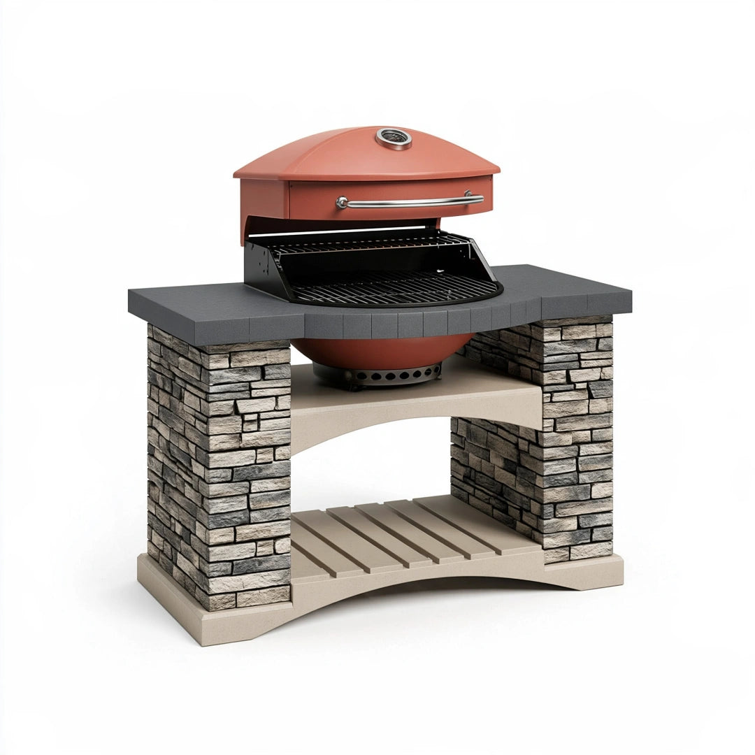 Barbecue da giardino 120 x 80 x 145 cm in acciaio e rivestimento effetto pietra rosso/grigio/nero con termometro