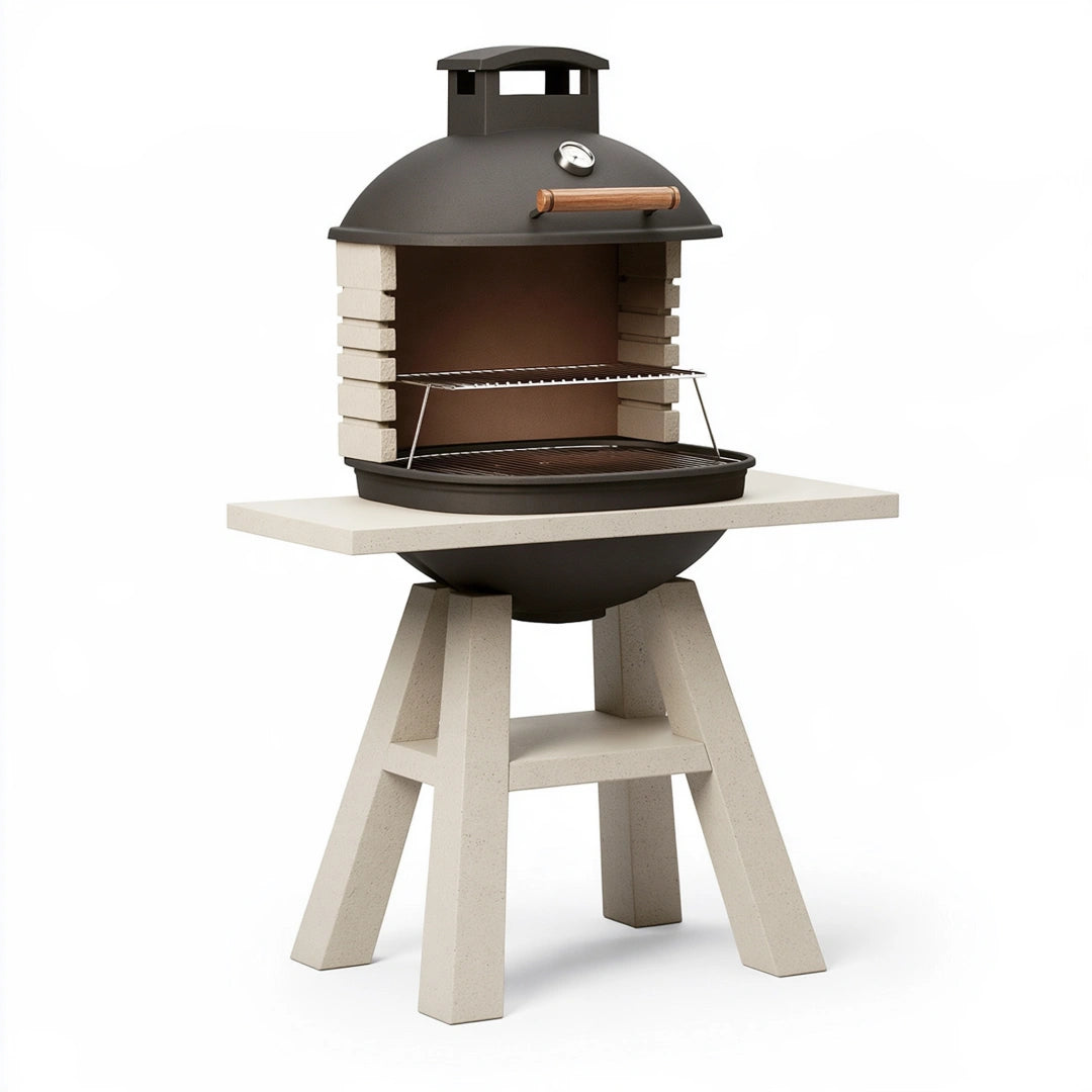 Barbecue da giardino 90 cm x 70 cm x 150 cm in metallo nero e pietra beige - con coperchio e termometro