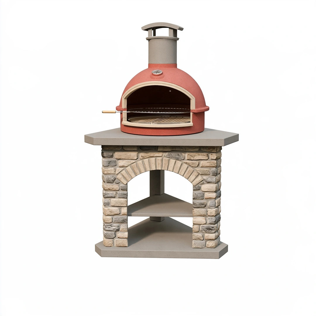 Forno per pizza da esterno 110 x 80 x 180 cm in metallo rosso con base effetto pietra e camino