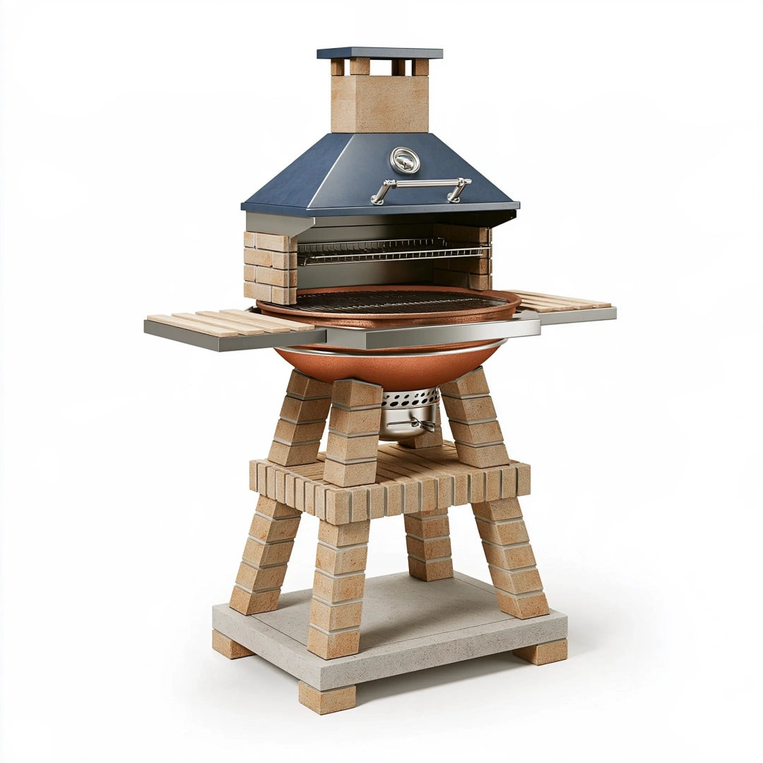 Barbecue a carbone 120 x 80 x 210 cm in metallo e mattoni beige con camino stile rustico