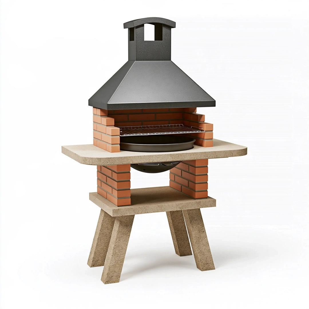 Barbecue da giardino 100 x 70 x 210 cm in cemento mattoni e acciaio nero con cappa