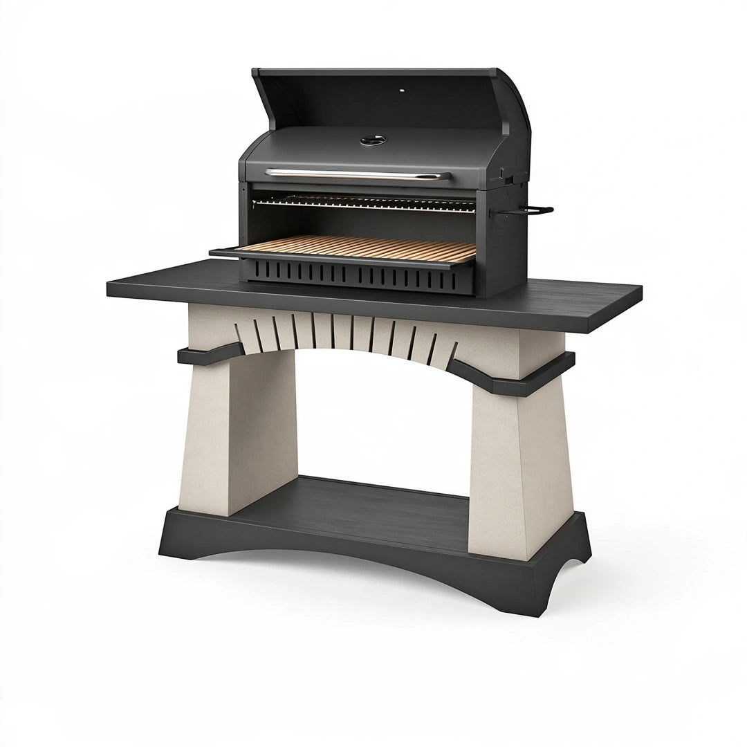 Barbecue da esterno 160 x 75 x 190 cm in metallo e pietra nero/grigio con coperchio e griglia