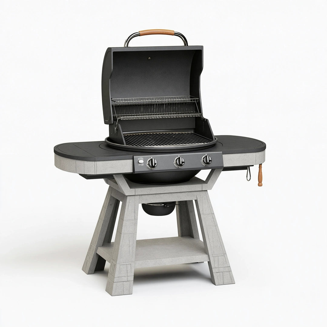 Barbecue a gas 150 x 70 x 120 cm in metallo nero e grigio con coperchio e ripiani laterali