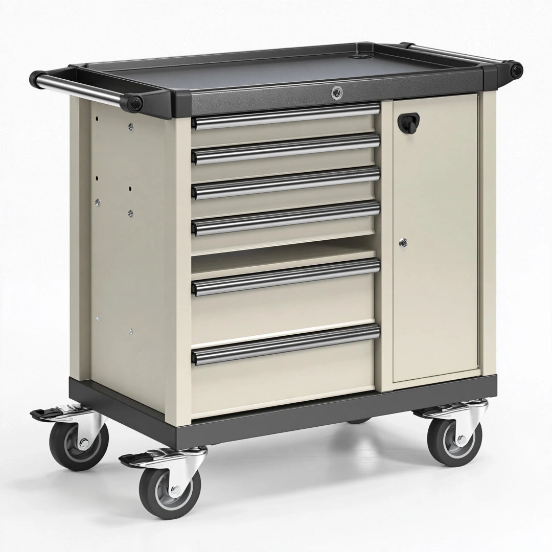 Carrello portautensili 80 x 50 x 90 cm in acciaio beige e nero con 7 cassetti per officina