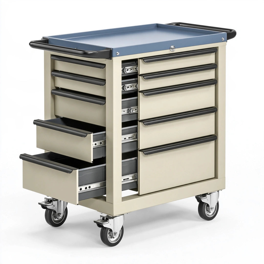Carrello portautensili 80 x 45 x 95 cm in acciaio beige e blu con 10 cassetti su ruote
