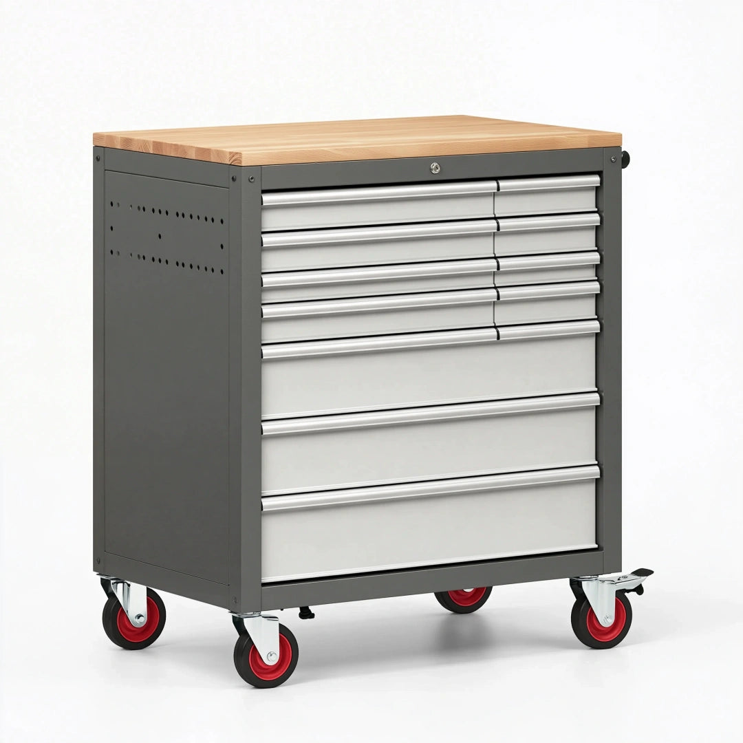 Carrello portautensili 77 x 46 x 95 cm in acciaio grigio con piano in legno e 7 cassetti