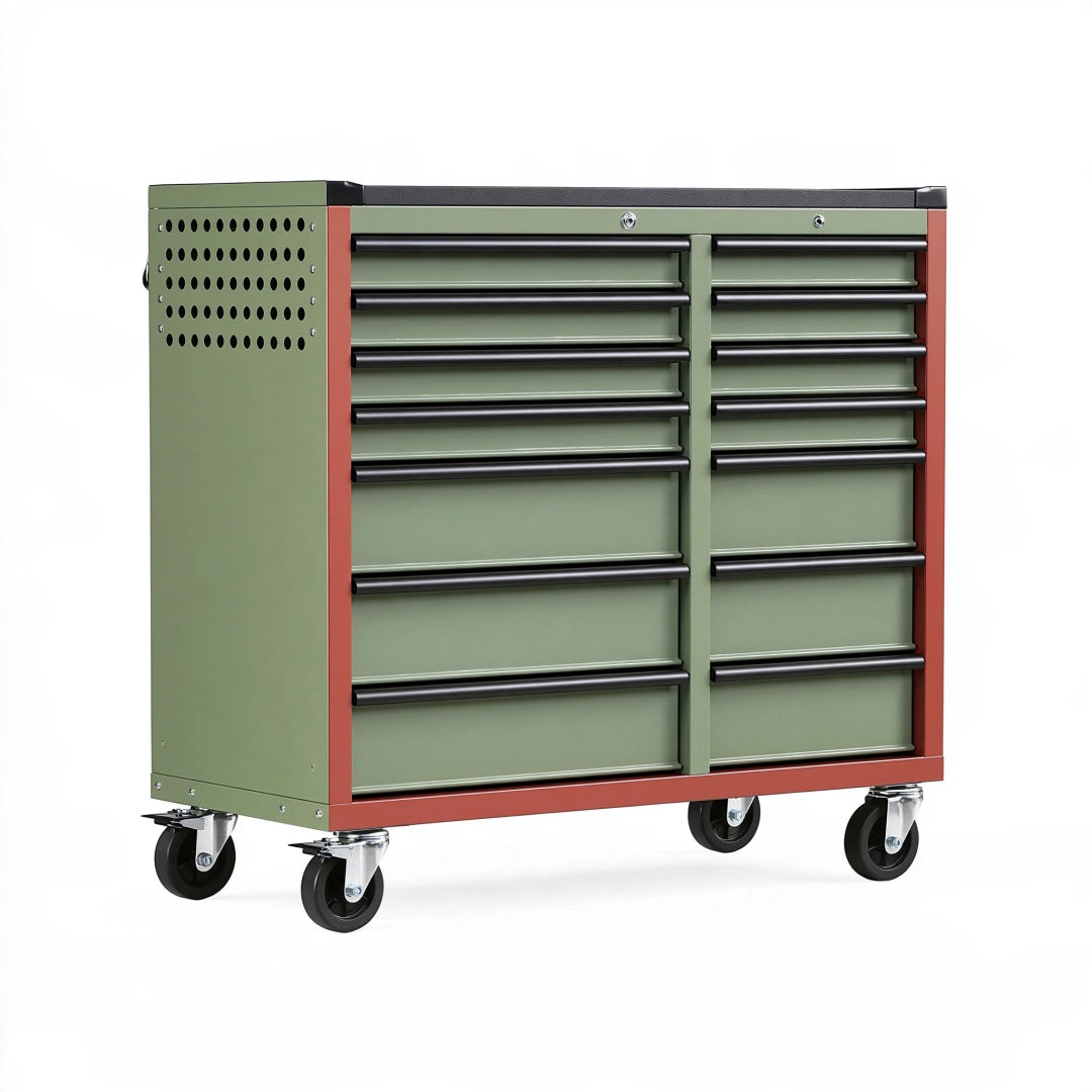 Carrello portautensili 120 x 50 x 95 cm in acciaio verde e rosso con 14 cassetti per officina
