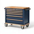 Carrello portautensili 120 x 60 x 90 cm in acciaio blu scuro e legno naturale con 7 cassetti e ruote