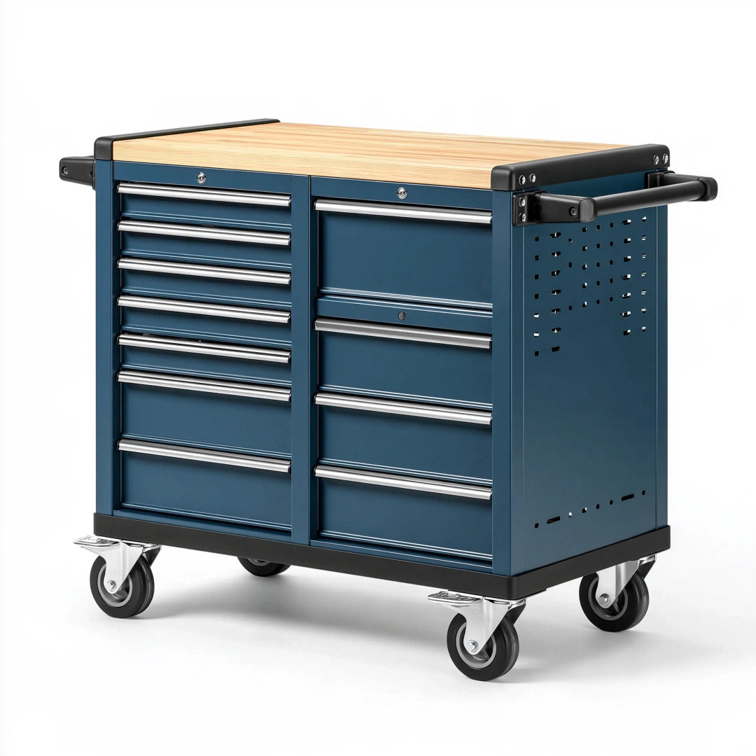 Carrello portautensili 100 x 50 x 95 cm in acciaio blu con piano in legno e 10 cassetti mobili